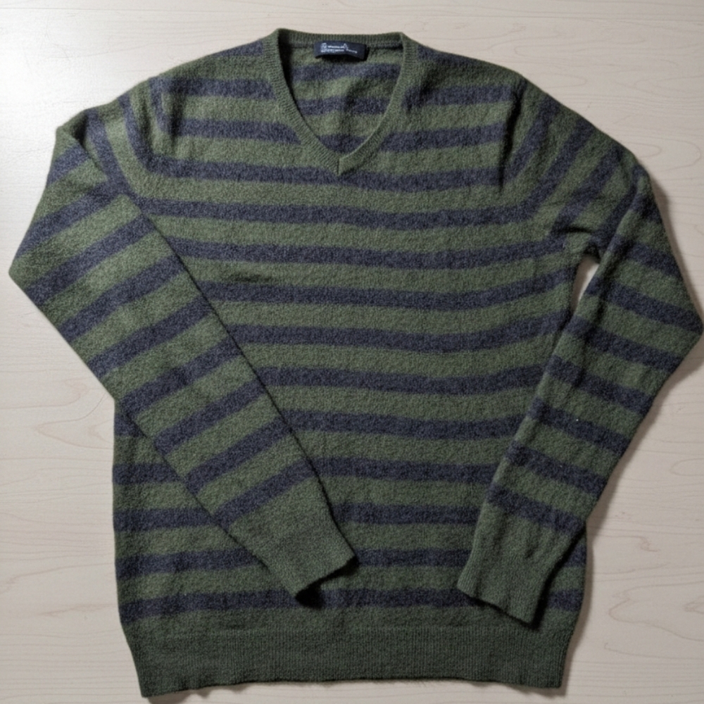 Marc Anthony 100% Cashmere Striped V-Neck Sweater - Olive & Charcoal - Medium